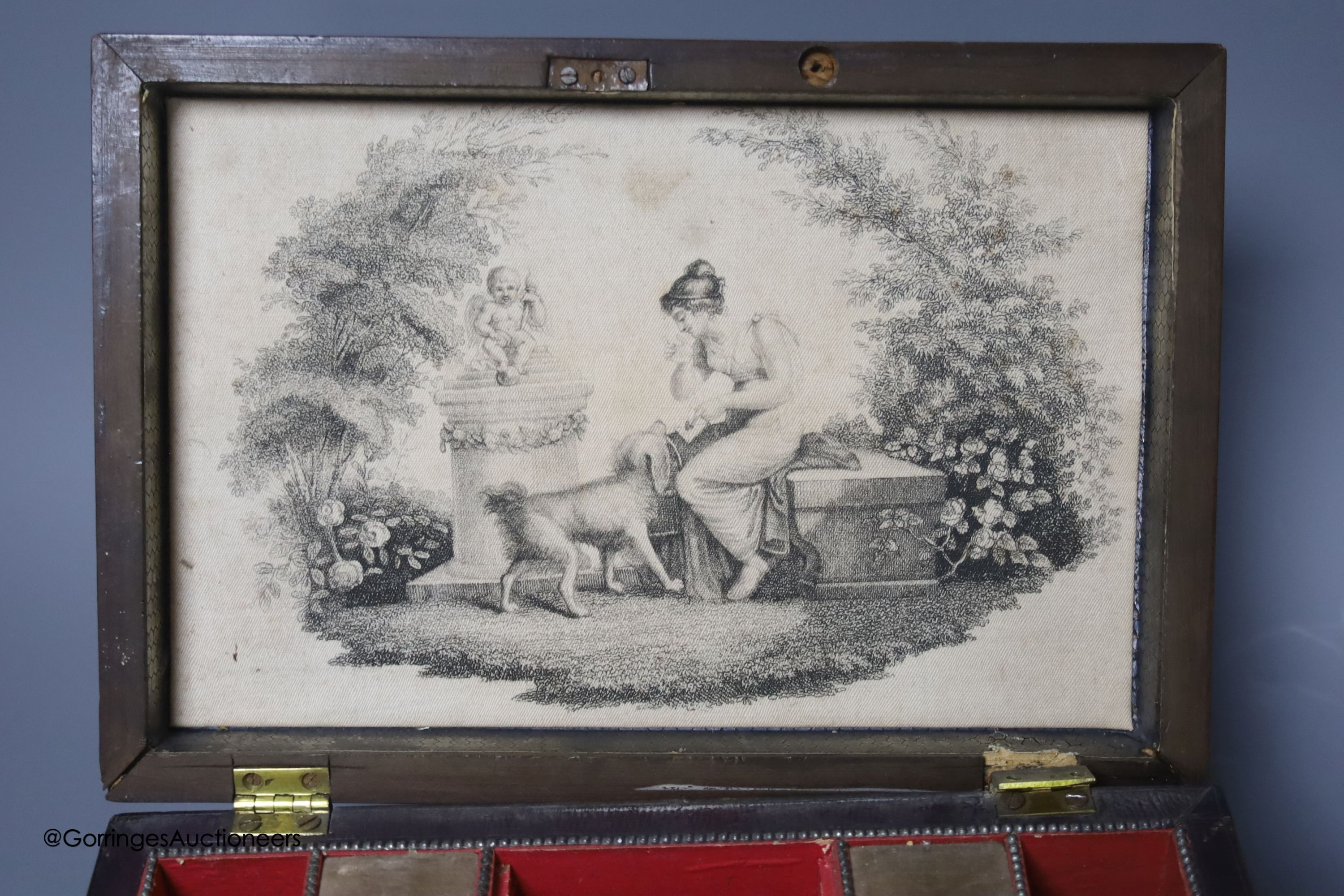 A Regency stamped brass mounted leather covered sewing box, 24cm (a.f.)